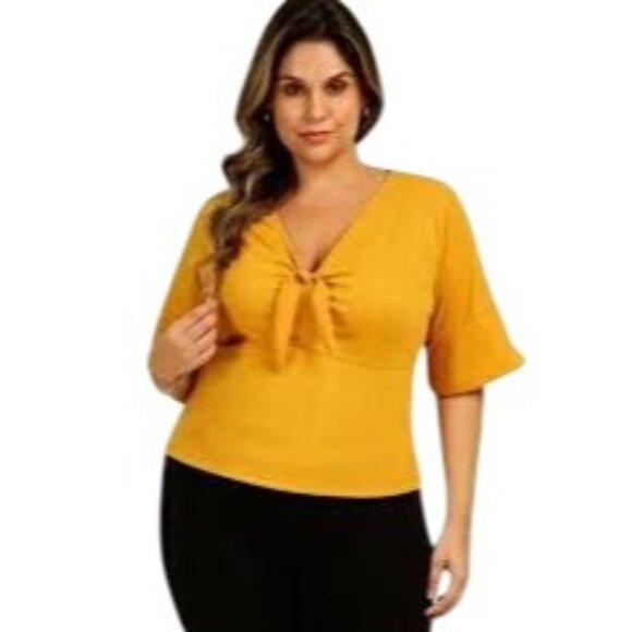 2/$30 Voodoo Vixen XXL Mustard Yellow Tie-Front Top Short Sleeve Nylon Blend - Picture 1 of 12